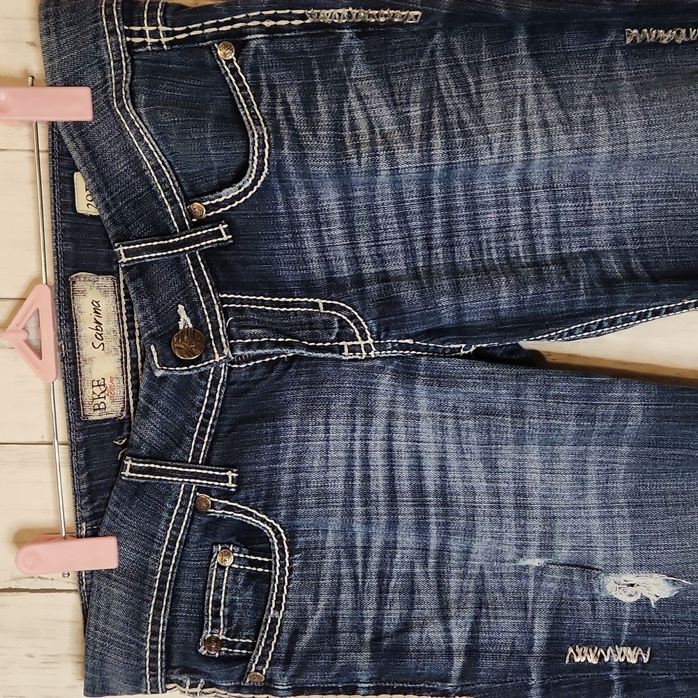 BKE Distressed Sabrina Flare Jeans - Dark Blue 29R - Picture 5 of 10